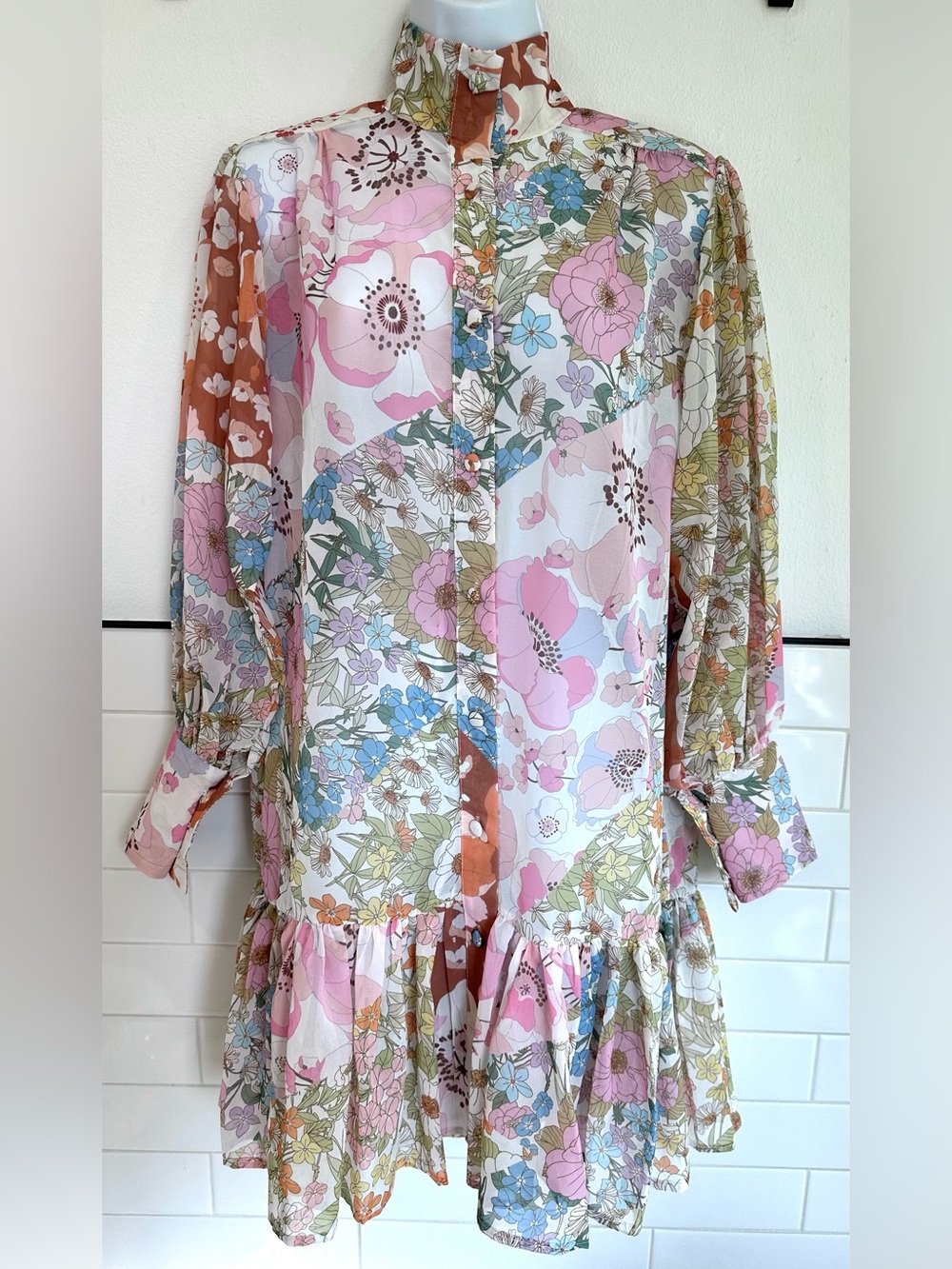 Sheer Floral Button-Front Mini Dress in Pink, Gold & Blue
